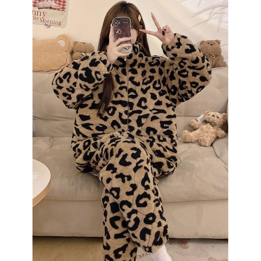 ウェア レディース ヒョウ柄 セクシー もこもこ 上下セット パジャマ ナイトウェア 可愛い 長袖 部屋着 セットアップ おうち時間 ロングパンツ
