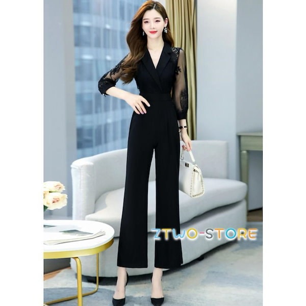 パンツドレスかっこいいパーティードレス結婚式お呼ばれドレスパンツオールインワンレディース株式会社錦大きいサイズ3L七分袖袖あり黒白レース袖シアー袖 Qoo10] パンツドレス かっこいい パーティードレ