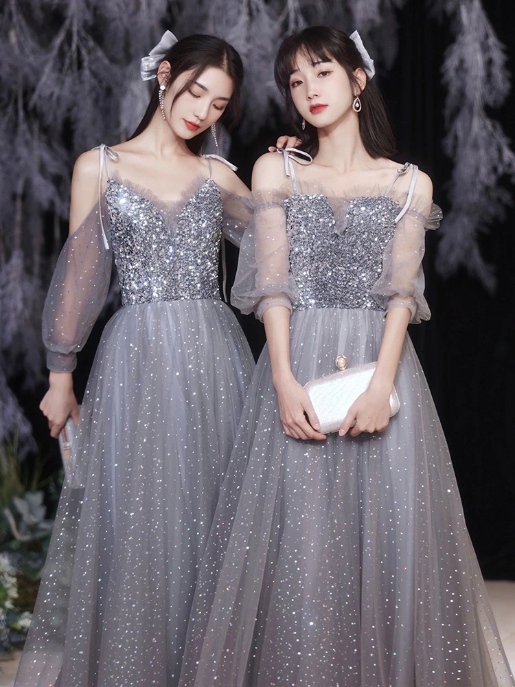 【急速出荷!】グレー2024新しい春の結婚式のイブニングドレスの気質長い薄い