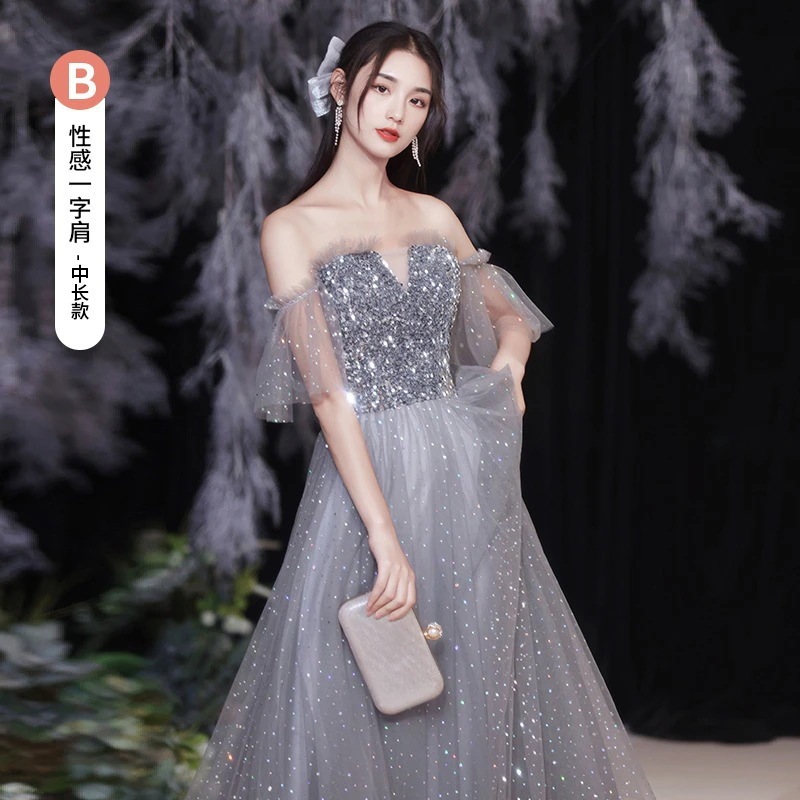 【急速出荷!】グレー2024新しい春の結婚式のイブニングドレスの気質長い薄い