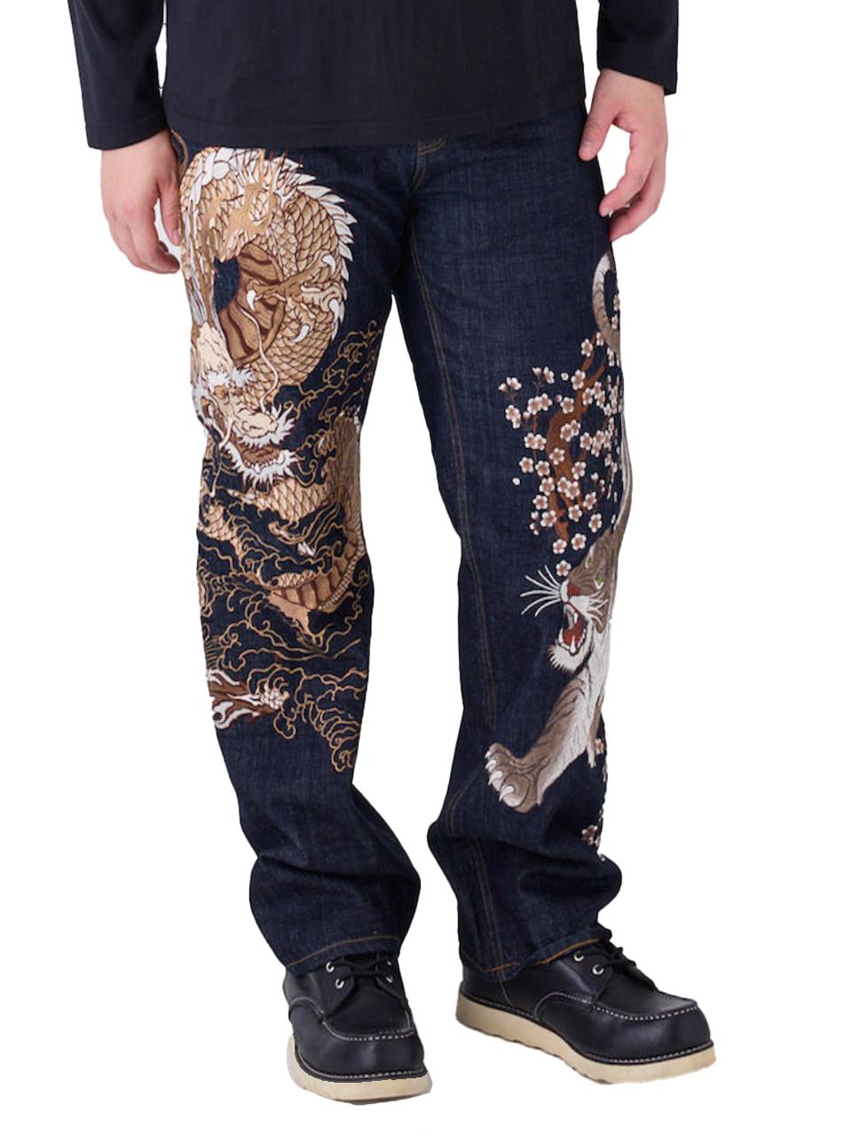 絡繰魂 刺繍和柄 デニムパンツ ジーンズ 和柄 大きいサイズ