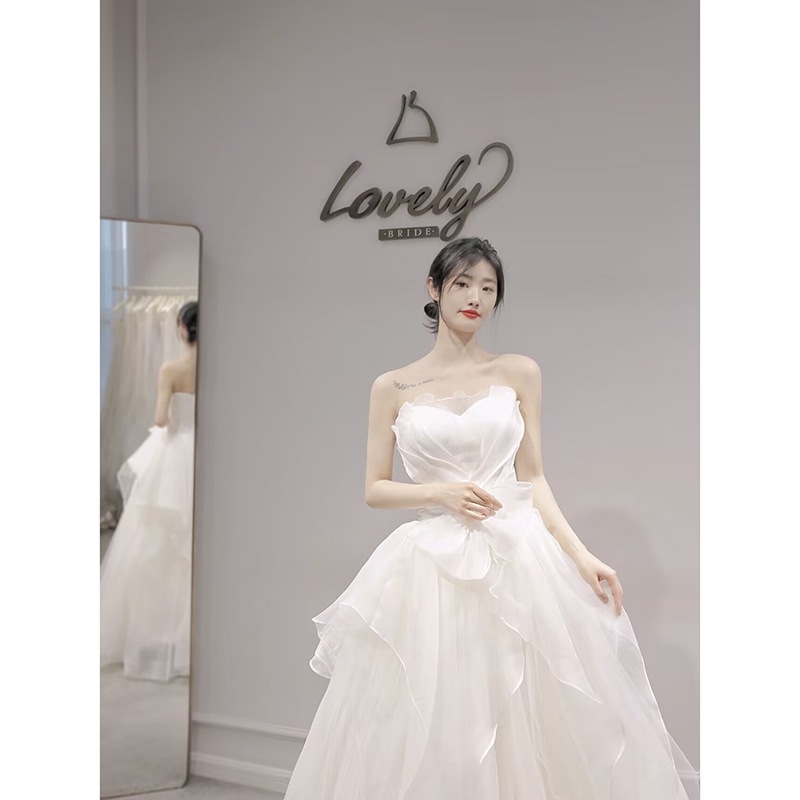 【2枚購入で 3oo円OFF！】ブライトウェディングドレス2025ブライダル旅行写真撮影小トレーリングメイン糸ドア糸ウェルカムドレス女性用
