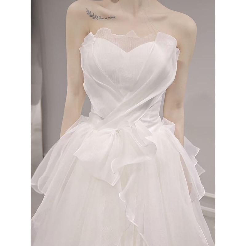 【2枚購入で 3oo円OFF！】ブライトウェディングドレス2025ブライダル旅行写真撮影小トレーリングメイン糸ドア糸ウェルカムドレス女性用