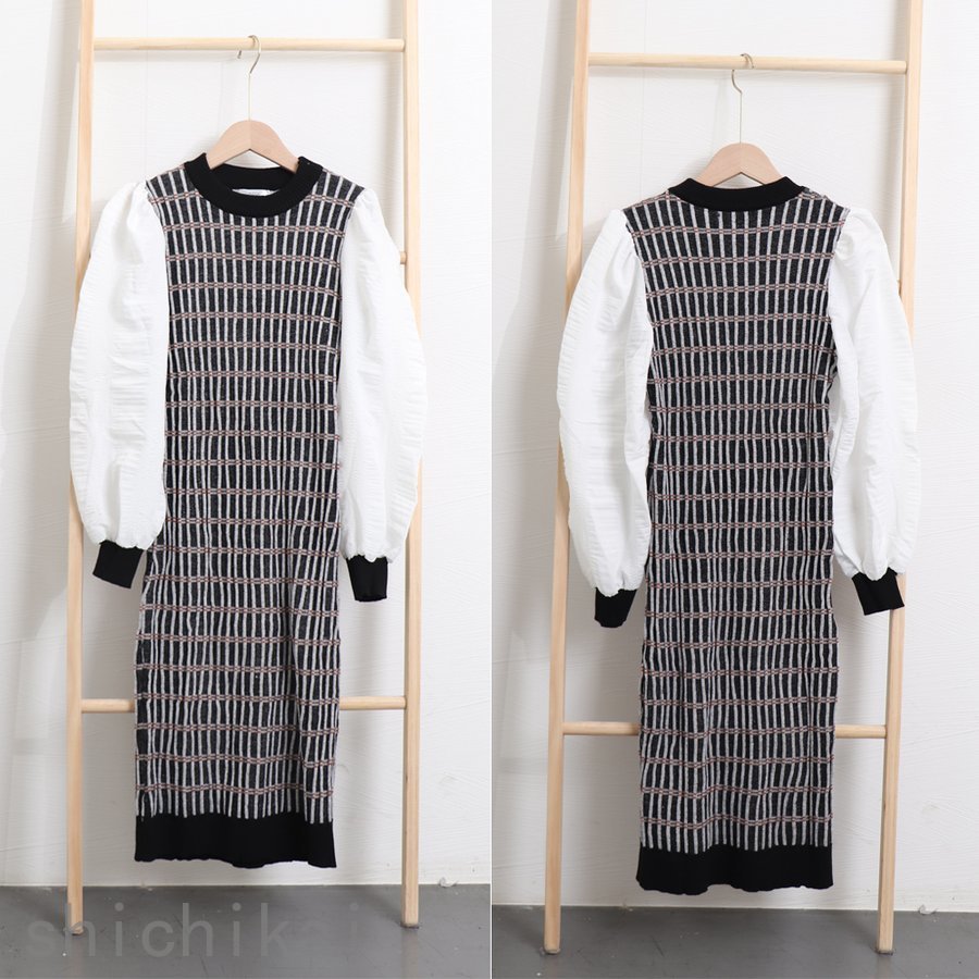 ホワイトデー 袖異素材 ニットワンピース THOM WILLS パフスリーブ