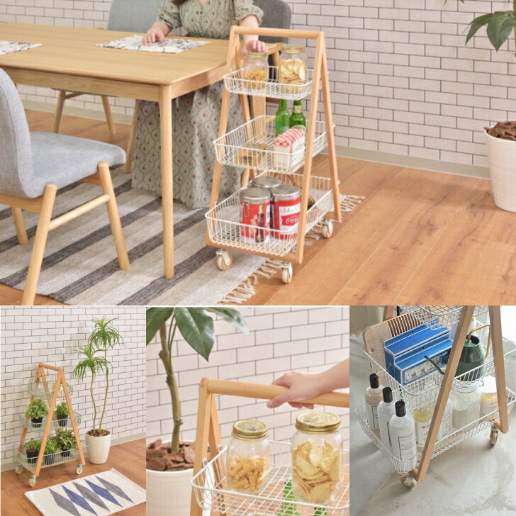 バスケットワゴン キッチンワゴン ガーデンプランター フェイクグリーン 観葉植物 天然木 スチール キャスター付き テーブルサイド ラック 棚 グリーン ホワイト PW-54