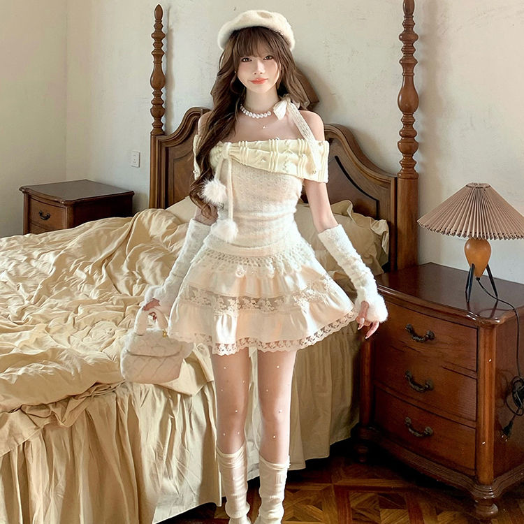 二点セット クリームレーススプレッドワンショルダーデザイントップハイウエストケーキショートスカート2ピースセット 二点セット クリームレーススプレッドワンショルダーデザイントップハイウエストケーキショートスカート2ピースセット