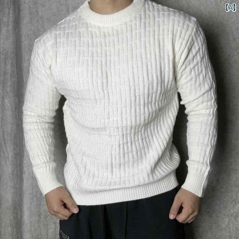 メンズ カジュアル マッスル 秋冬 厚手 ラウンドネック セーター 無地 ブロード ショルダー スポーツ カップル