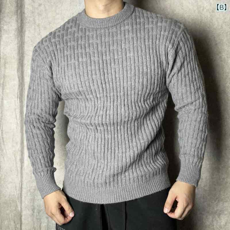 メンズ カジュアル マッスル 秋冬 厚手 ラウンドネック セーター 無地 ブロード ショルダー スポーツ カップル