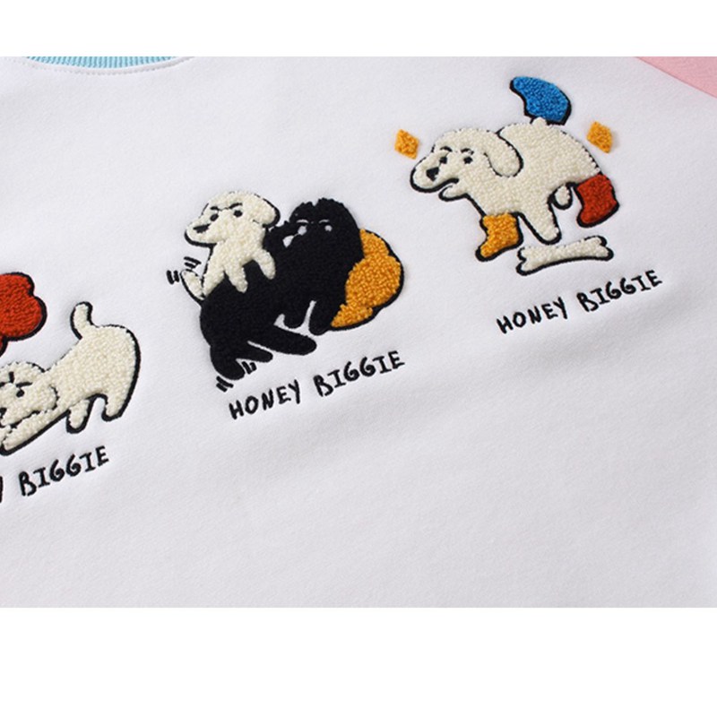 トレーナー メンズ パッチワーク 犬柄 レディース ペアルック クルーネック 長袖 パーカー Tシャツ 丸首 フルオーバー 秋服 冬服 ラグランスリーブ い 可愛い 日系 若者 カップル