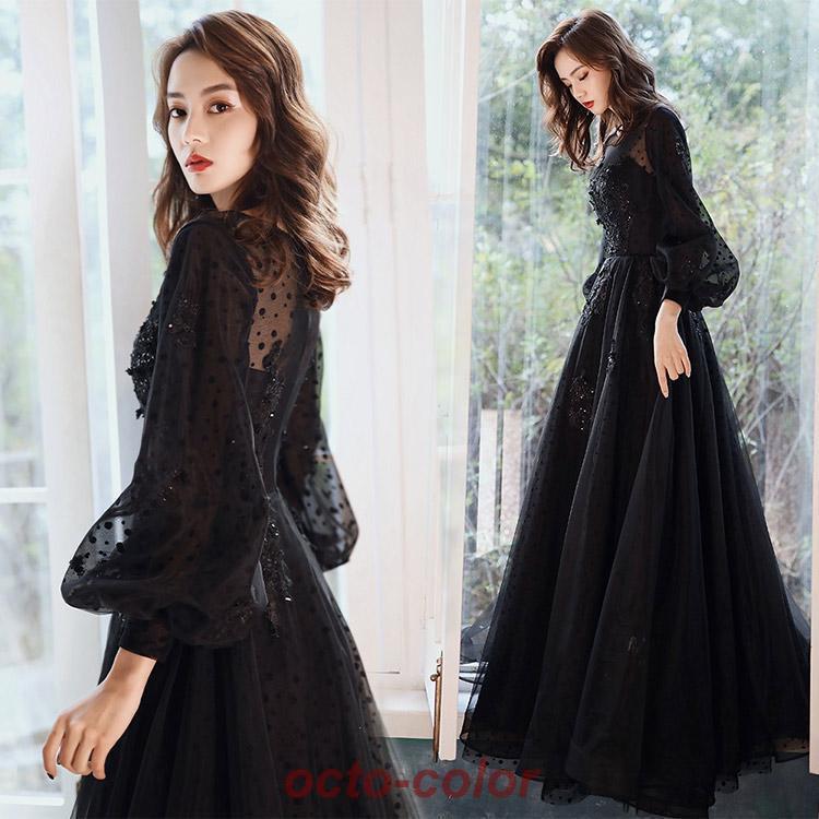 イブニングドレス ロングドレス 黒 パフスリーブ 長袖 発表会ドレス ブラック キラキラ スパンコール 花柄 ビーズ キレイめ パーティードレス Aライン 演奏会 イブニングドレス ロングドレス 黒 パフスリーブ 長袖 発表会ドレス ブラック キラキラ スパンコール 花柄 ビーズ キレイめ パーティードレス Aライン 演奏会