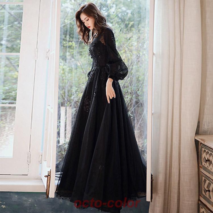 イブニングドレス ロングドレス 黒 パフスリーブ 長袖 発表会ドレス ブラック キラキラ スパンコール 花柄 ビーズ キレイめ パーティードレス Aライン 演奏会 イブニングドレス ロングドレス 黒 パフスリーブ 長袖 発表会ドレス ブラック キラキラ スパンコール 花柄 ビーズ キレイめ パーティードレス Aライン 演奏会