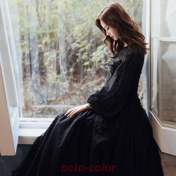 イブニングドレス ロングドレス 黒 パフスリーブ 長袖 発表会ドレス ブラック キラキラ スパンコール 花柄 ビーズ キレイめ パーティードレス Aライン 演奏会 イブニングドレス ロングドレス 黒 パフスリーブ 長袖 発表会ドレス ブラック キラキラ スパンコール 花柄 ビーズ キレイめ パーティードレス Aライン 演奏会