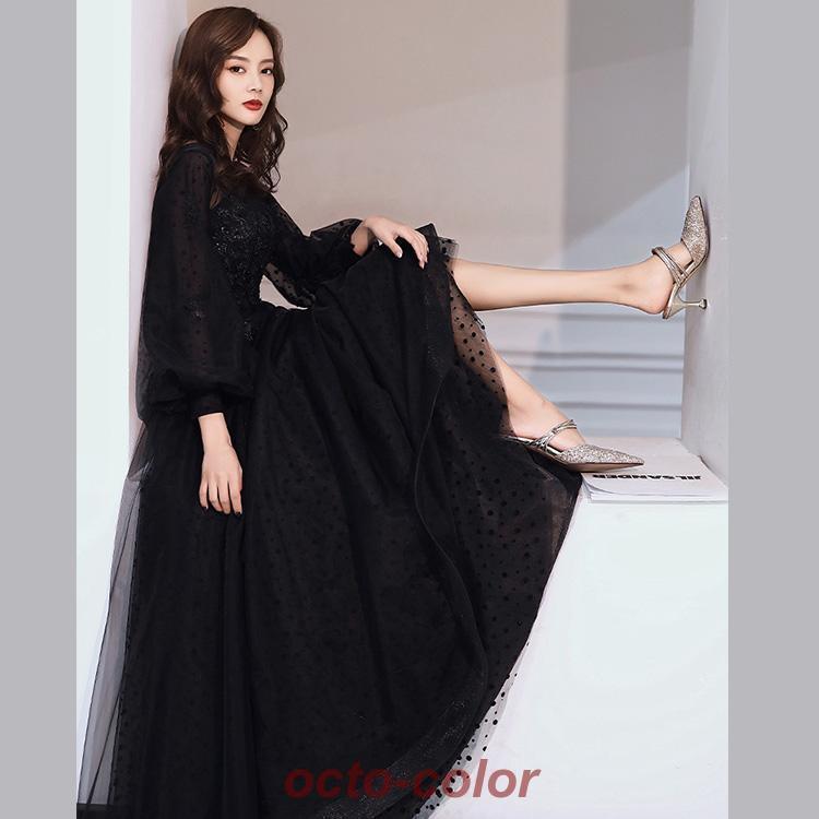 イブニングドレス ロングドレス 黒 パフスリーブ 長袖 発表会ドレス ブラック キラキラ スパンコール 花柄 ビーズ キレイめ パーティードレス Aライン 演奏会 イブニングドレス ロングドレス 黒 パフスリーブ 長袖 発表会ドレス ブラック キラキラ スパンコール 花柄 ビーズ キレイめ パーティードレス Aライン 演奏会