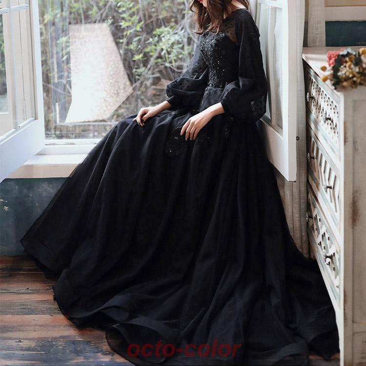 イブニングドレス ロングドレス 黒 パフスリーブ 長袖 発表会ドレス ブラック キラキラ スパンコール 花柄 ビーズ キレイめ パーティードレス Aライン 演奏会 イブニングドレス ロングドレス 黒 パフスリーブ 長袖 発表会ドレス ブラック キラキラ スパンコール 花柄 ビーズ キレイめ パーティードレス Aライン 演奏会