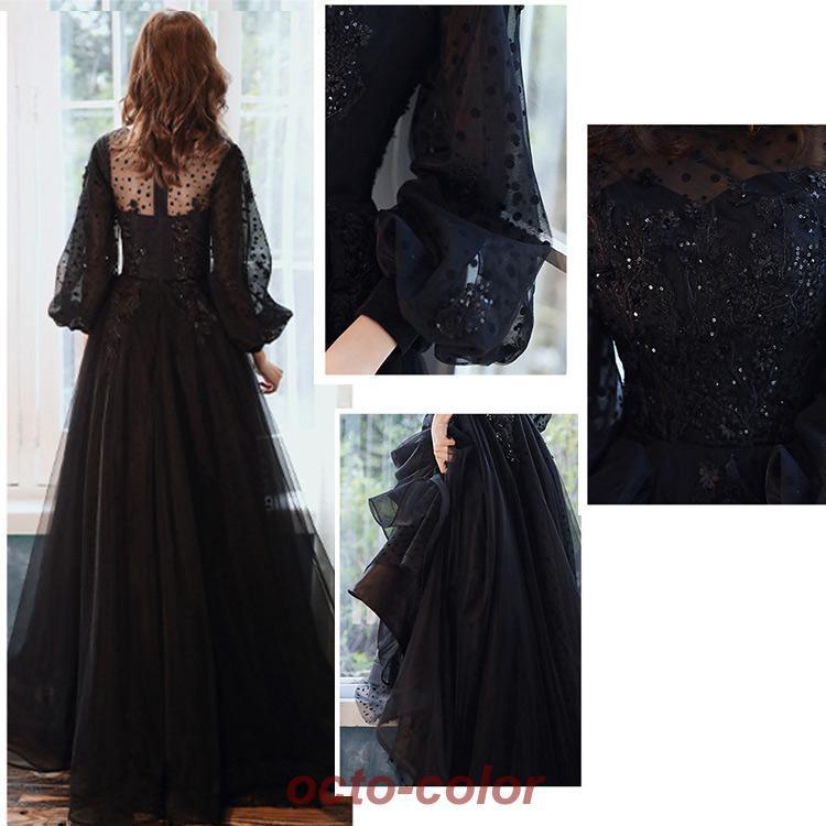 イブニングドレス ロングドレス 黒 パフスリーブ 長袖 発表会ドレス ブラック キラキラ スパンコール 花柄 ビーズ キレイめ パーティードレス Aライン 演奏会 イブニングドレス ロングドレス 黒 パフスリーブ 長袖 発表会ドレス ブラック キラキラ スパンコール 花柄 ビーズ キレイめ パーティードレス Aライン 演奏会