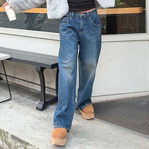 Hスタイル(JN)421裏起毛ウォッシング腰広ワイドストレートパンツ 冬 女性 裏起毛 ジーンズ デニムパンツ ワイドパンツ_1