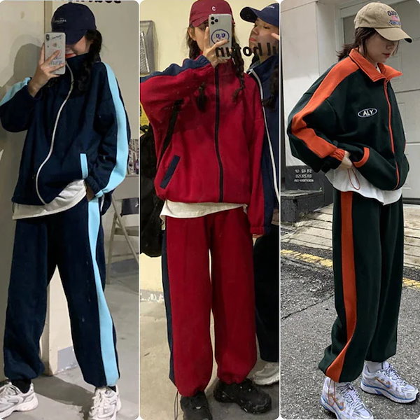 外見至上主義　韓国　in 釜山　ジャージ　セットアップ　バーガンディ セットアップ レディース オーバーサイズ ジャージ 韓国 ストリート