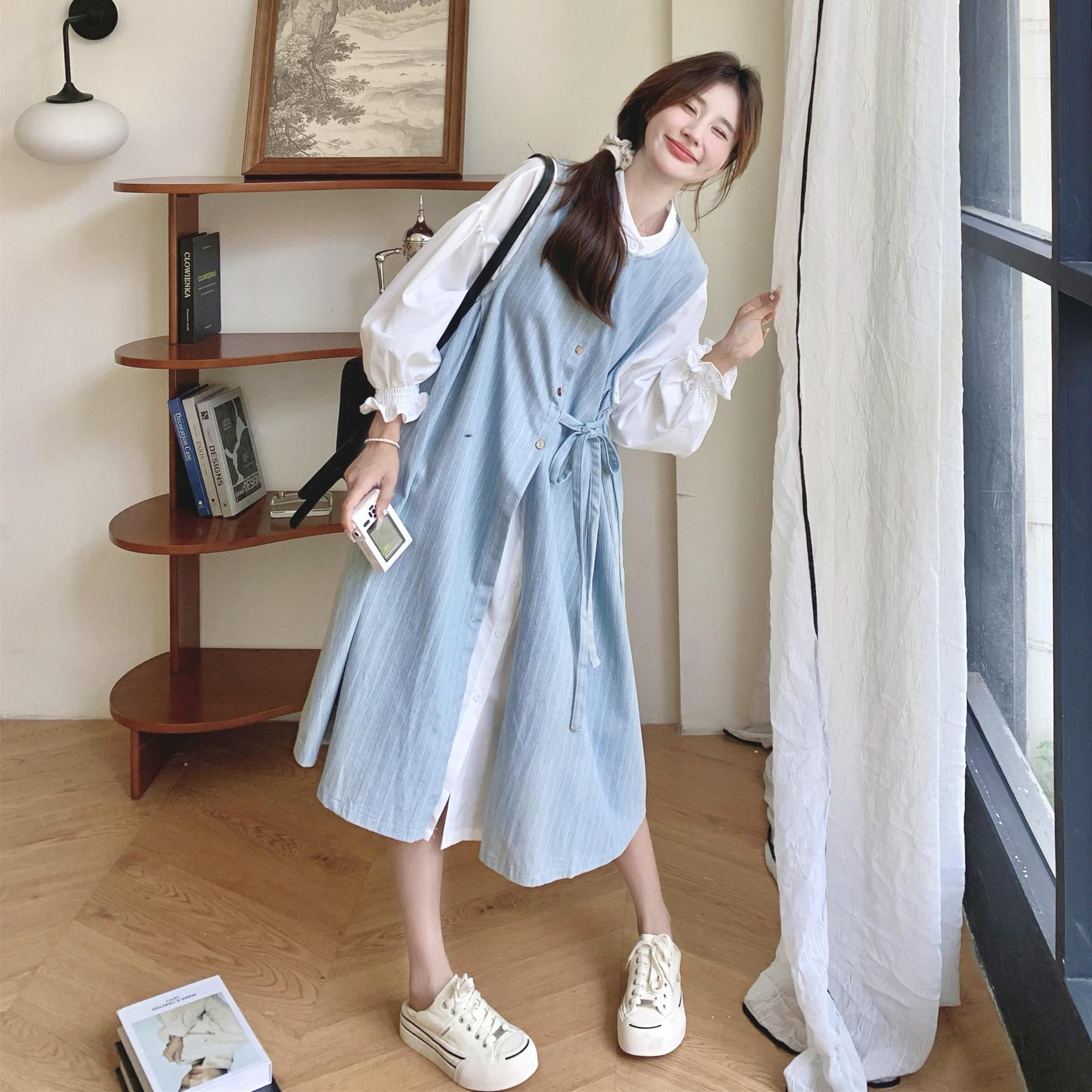 白シャツワンピースセットレディースミディアム丈2024秋新作超素敵なストライプベストスカート2点セット