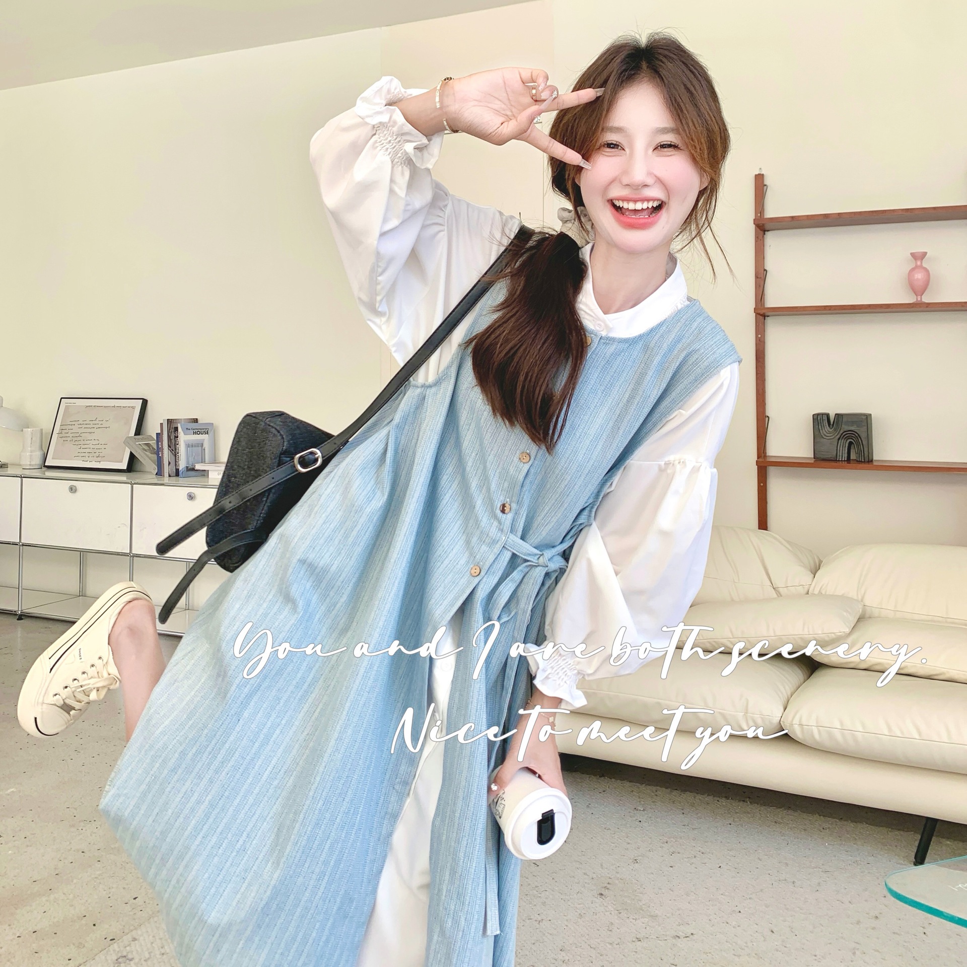 白シャツワンピースセットレディースミディアム丈2024秋新作超素敵なストライプベストスカート2点セット