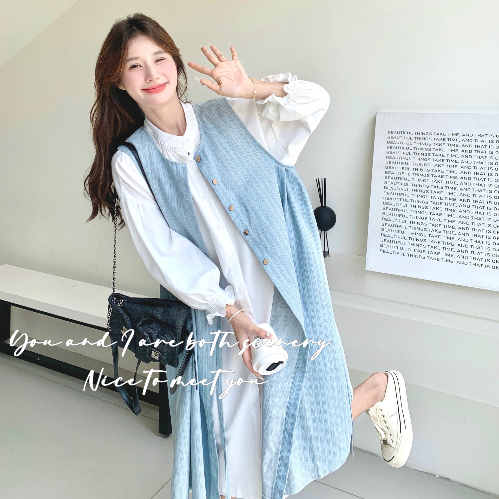 白シャツワンピースセットレディースミディアム丈2024秋新作超素敵なストライプベストスカート2点セット