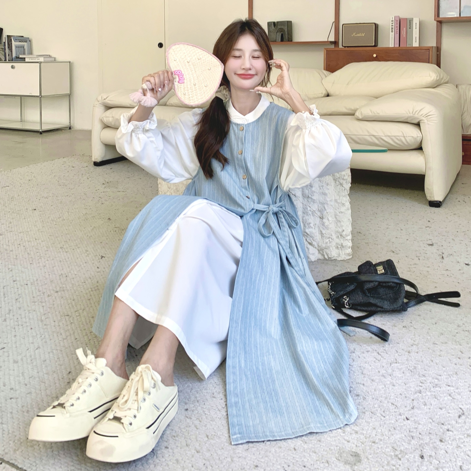 白シャツワンピースセットレディースミディアム丈2024秋新作超素敵なストライプベストスカート2点セット