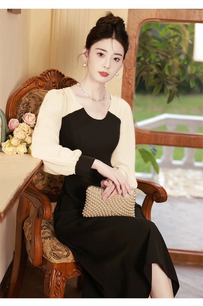 大好評 ドレス 大人 ピアノ 発表会 演奏会用ドレス 演奏会 イブニングドレス 結婚式 母親 ピアノ発表会 中学生 パーティードレス 発表会ドレス ミモレ丈ドレス シャンパン 黒 袖有り 長袖 ミモレ_1