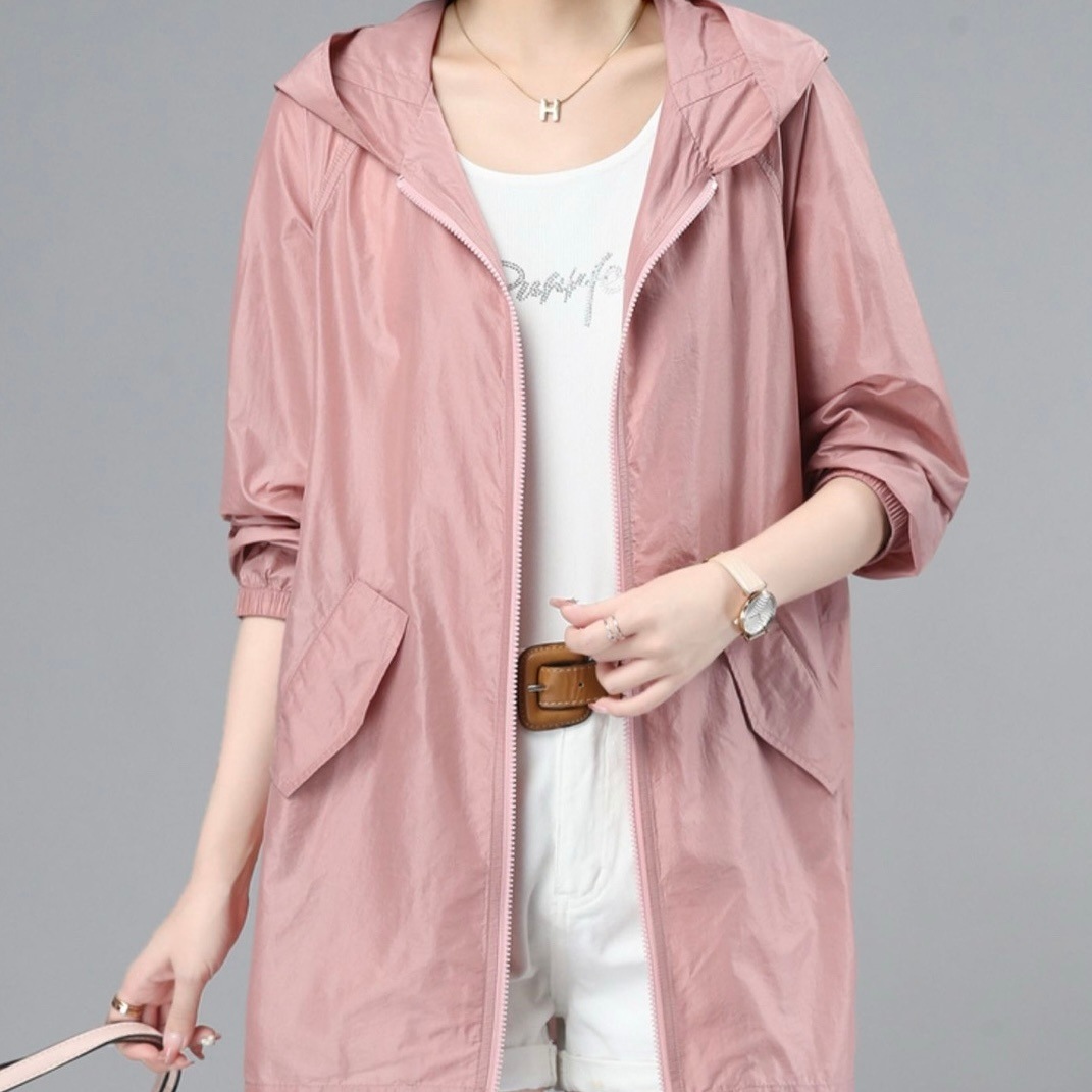 レディース パーカー ブルゾン アウター 上着 羽織 前開き ウィンドブレーカー マウンテンパーカー ナイロンジャケット ミディアム丈 長袖 ゴム袖 フード ストレート ファスナー ポケット 薄手