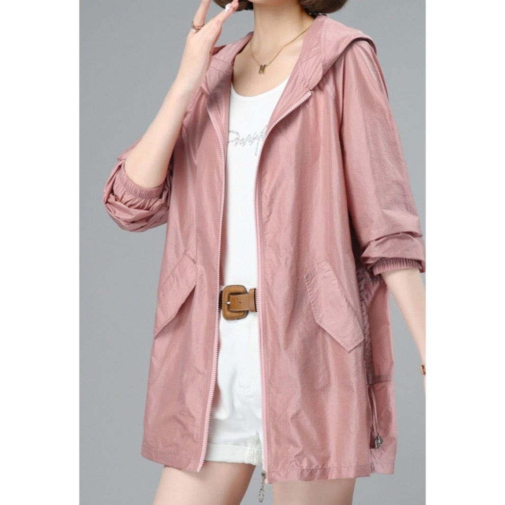 レディース パーカー ブルゾン アウター 上着 羽織 前開き ウィンドブレーカー マウンテンパーカー ナイロンジャケット ミディアム丈 長袖 ゴム袖 フード ストレート ファスナー ポケット 薄手