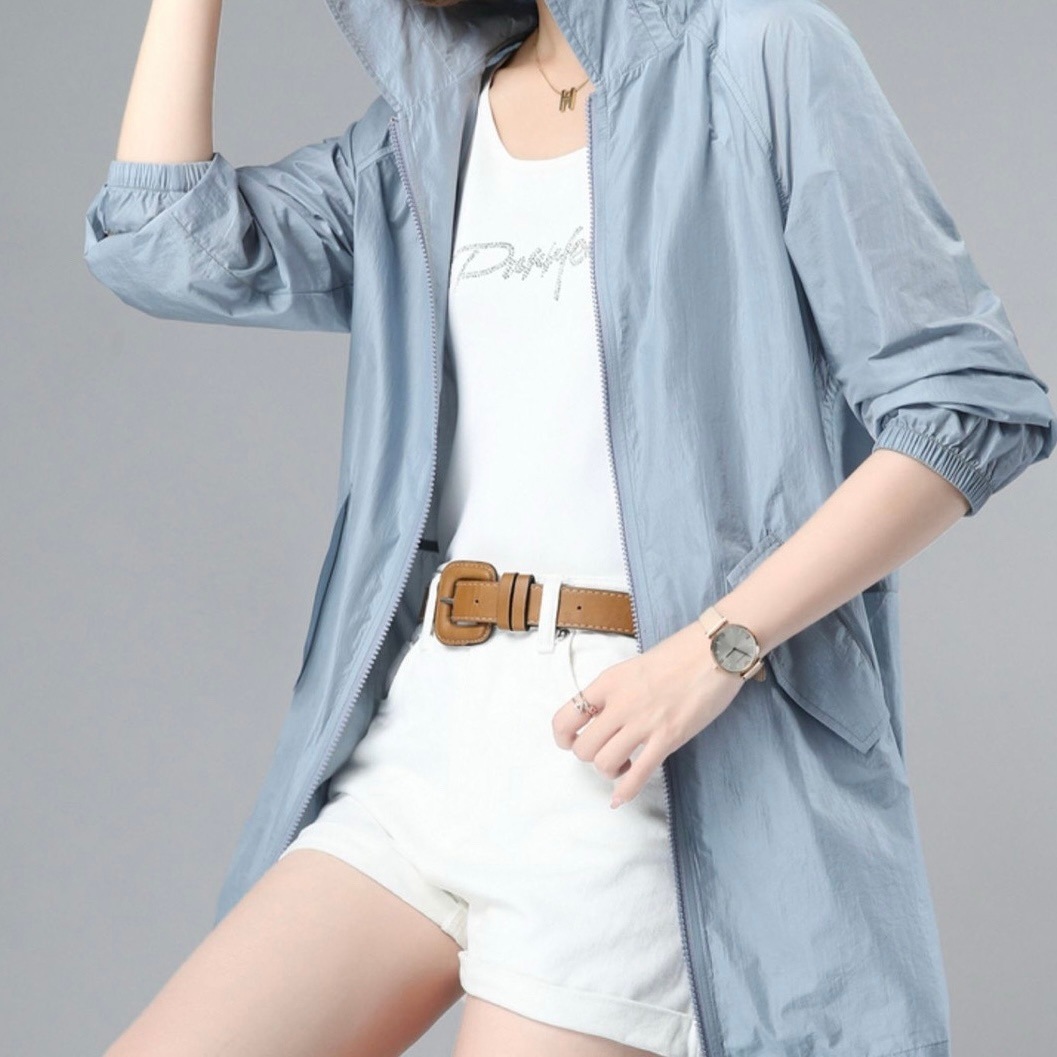 レディース パーカー ブルゾン アウター 上着 羽織 前開き ウィンドブレーカー マウンテンパーカー ナイロンジャケット ミディアム丈 長袖 ゴム袖 フード ストレート ファスナー ポケット 薄手