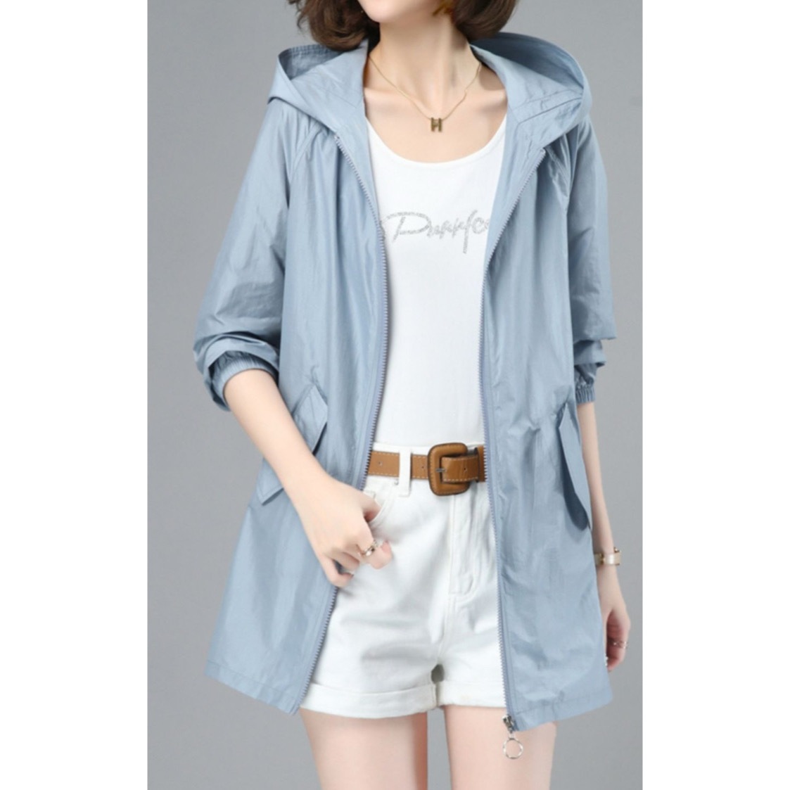 レディース パーカー ブルゾン アウター 上着 羽織 前開き ウィンドブレーカー マウンテンパーカー ナイロンジャケット ミディアム丈 長袖 ゴム袖 フード ストレート ファスナー ポケット 薄手