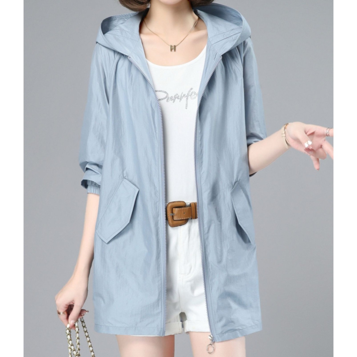 レディース パーカー ブルゾン アウター 上着 羽織 前開き ウィンドブレーカー マウンテンパーカー ナイロンジャケット ミディアム丈 長袖 ゴム袖 フード ストレート ファスナー ポケット 薄手