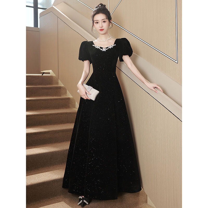 ブラックイブニングドレス女性宴会ニッチアートテスト成人式高級感 ブラックイブニングドレス女性宴会ニッチアートテスト成人式高級感