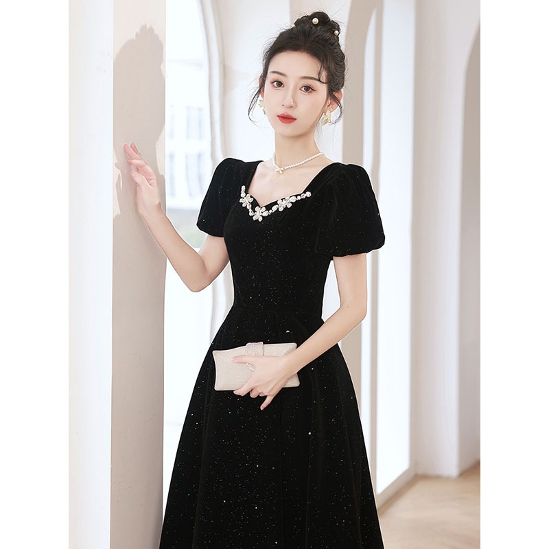 ブラックイブニングドレス女性宴会ニッチアートテスト成人式高級感 ブラックイブニングドレス女性宴会ニッチアートテスト成人式高級感