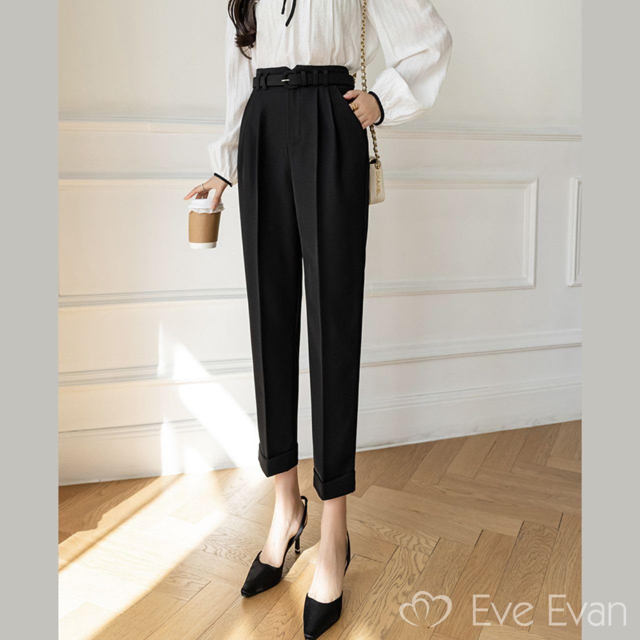 イヴエヴァン テーパード パンツ アンクル丈 ハイウエスト ロールアップ 風 センタープレス スラックス ベルト付き カジュアル シワニナラ | [イヴ エヴァン] テーパードパンツ アンクル丈 ハイウエスト ロールアップ風 センタープレス レディース ベルト付き S～XL  レディース アイボリー EE42-IV-S | ロングパンツ 通販