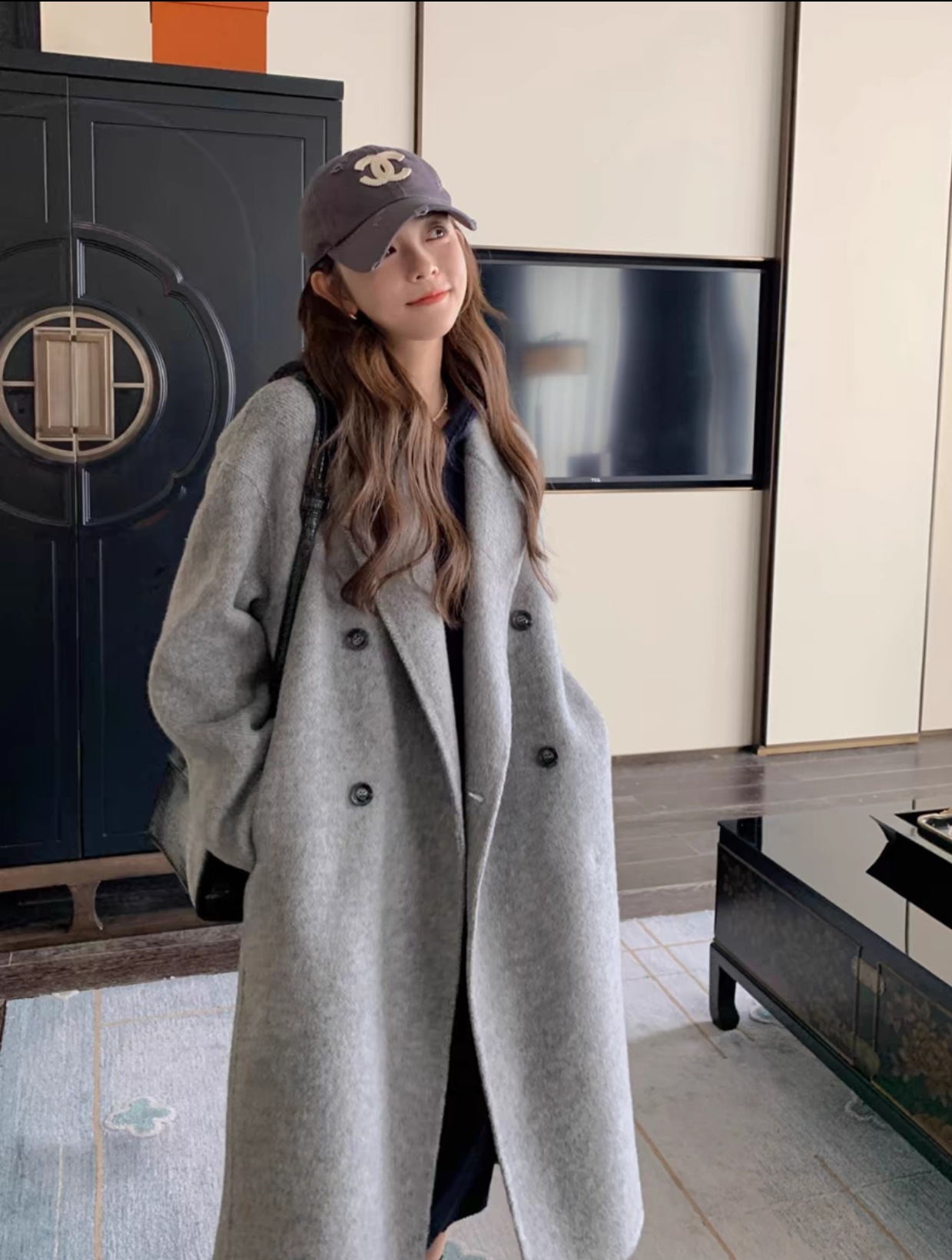 ダブルブレストマキシ丈ウールコート MICHEL KLEIN HOMME トレンチコート コート ウールダブル