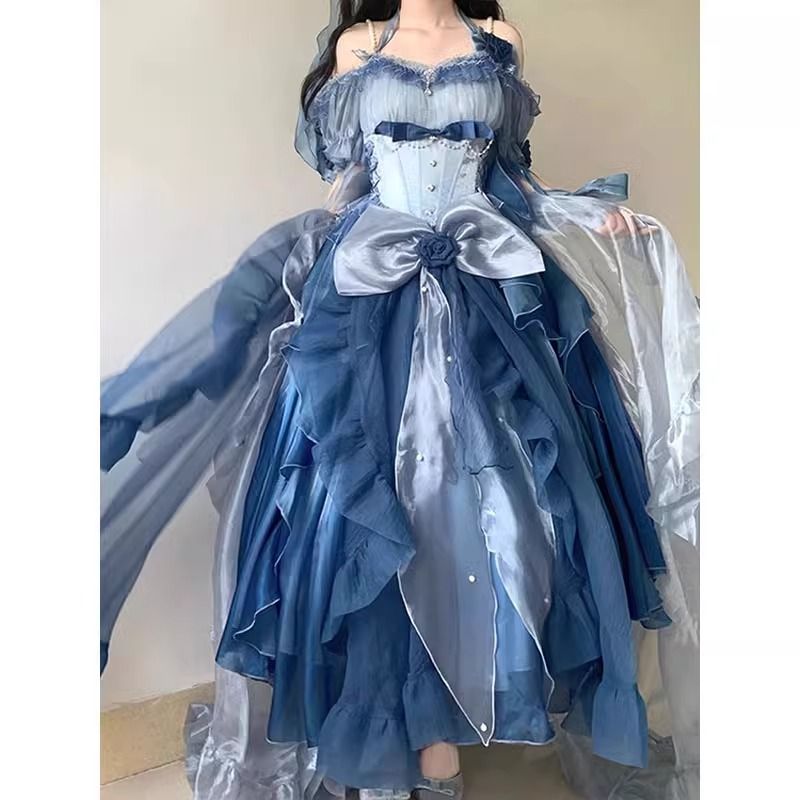 ピンクの優しいバレエ風ロリータドレスjskドレスフラワーウェディングロリータふわふわプリンセスドレス