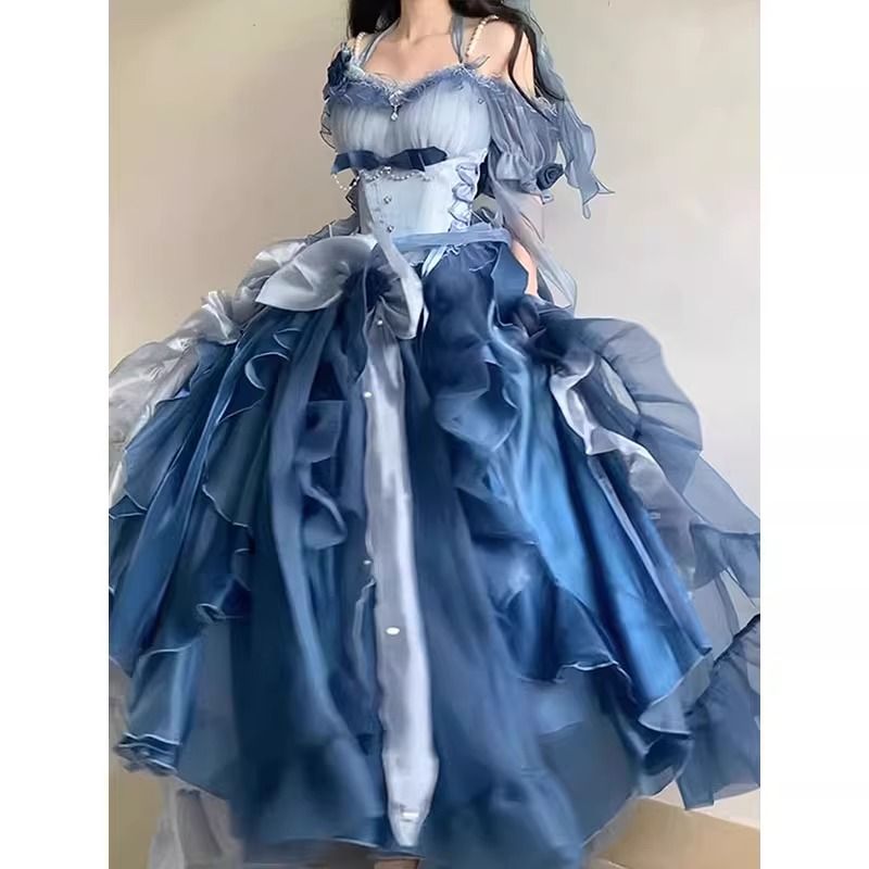 ピンクの優しいバレエ風ロリータドレスjskドレスフラワーウェディングロリータふわふわプリンセスドレス