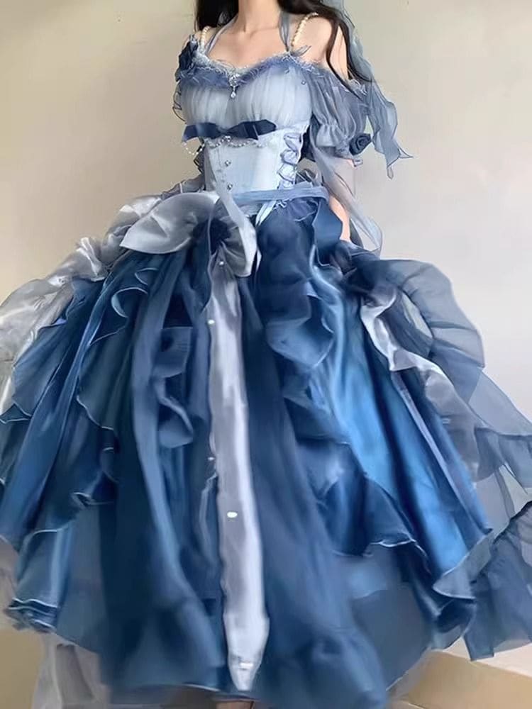 ピンクの優しいバレエ風ロリータドレスjskドレスフラワーウェディングロリータふわふわプリンセスドレス