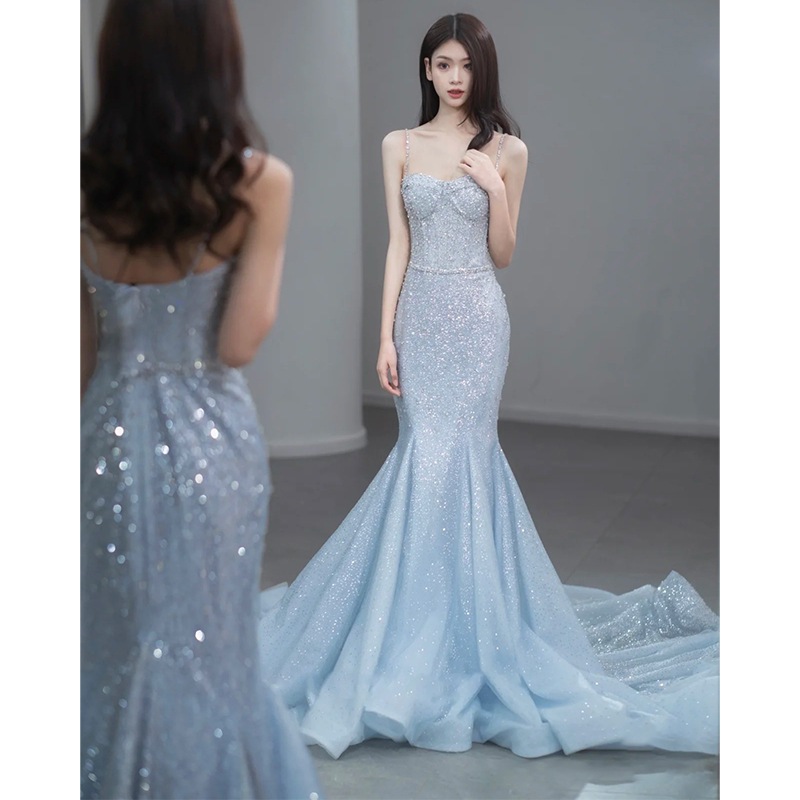 卒業式ドレス 通気性 パーティードレス ミディアムドレス 入学式 結婚式ドレス フィッシュテールのイブニングドレス高級感のあるモデルのランウェイショー学生の乾杯花嫁のための妖精のようなブルーのキ_2