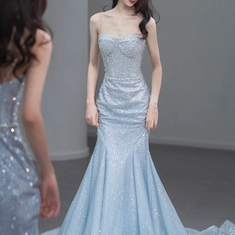 卒業式ドレス 通気性 パーティードレス ミディアムドレス 入学式 結婚式ドレス フィッシュテールのイブニングドレス高級感のあるモデルのランウェイショー学生の乾杯花嫁のための妖精のようなブルーのキ_3