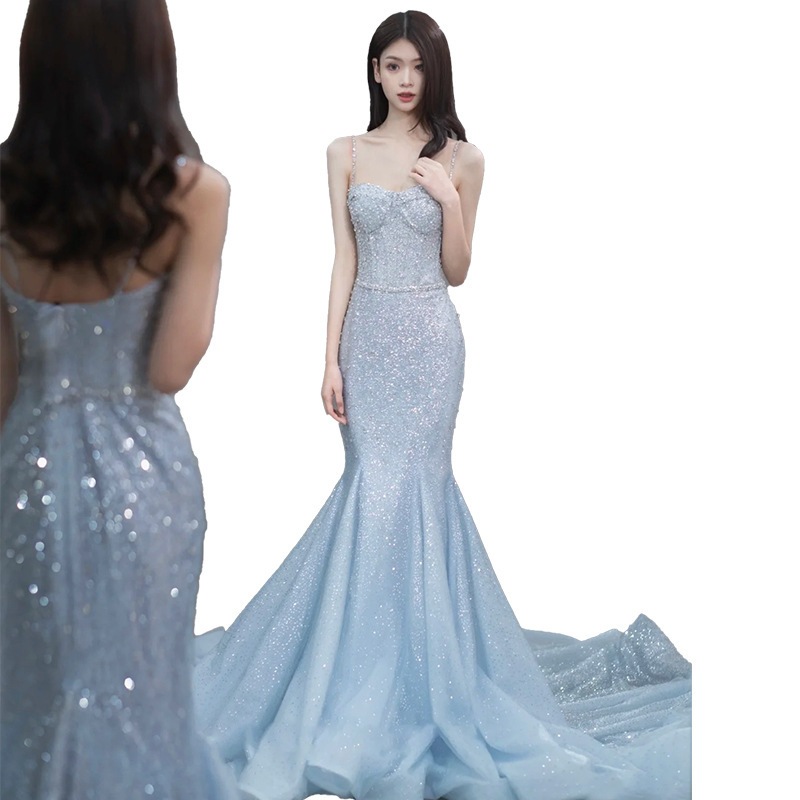 卒業式ドレス 通気性 パーティードレス ミディアムドレス 入学式 結婚式ドレス フィッシュテールのイブニングドレス高級感のあるモデルのランウェイショー学生の乾杯花嫁のための妖精のようなブルーのキ_4