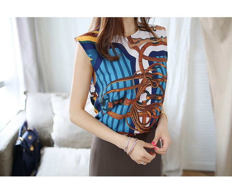 カットソー ブラウス 肩出し ノースリーブ ラウンドネック 丸首 柄 コットン 綿 ポリエステル 韓国 クールビズ 可愛い かわいい 韓国 大人 上品 サマー 夏 春 レディース 女性用 親子