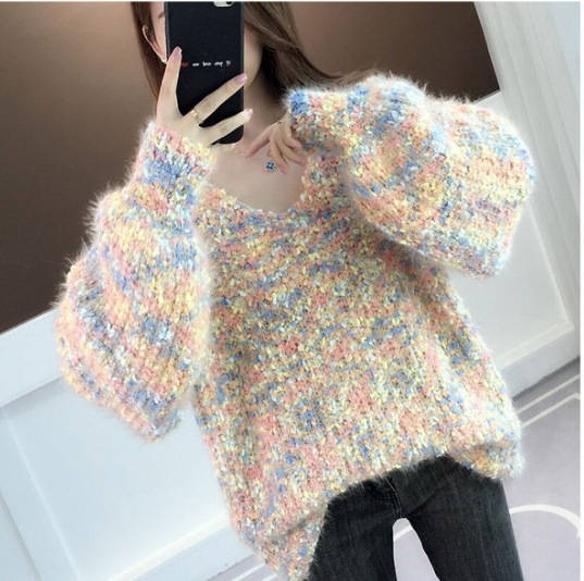 ニット セーター オーバーサイズ ビッグニット 長袖 Vネック ミックスカラー ふわふわ もこもこ レディース かわいい 大人可愛い お洒落 おしゃれ 大人カジュアル 大人女子 コーデ モテ デート