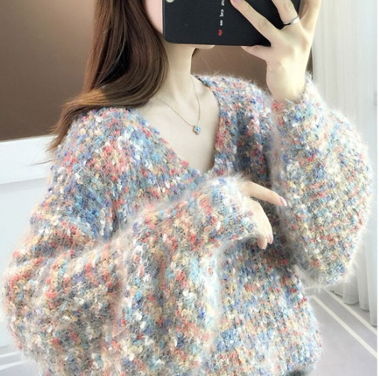 ニット セーター オーバーサイズ ビッグニット 長袖 Vネック ミックスカラー ふわふわ もこもこ レディース かわいい 大人可愛い お洒落 おしゃれ 大人カジュアル 大人女子 コーデ モテ デート