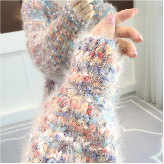 ニット セーター オーバーサイズ ビッグニット 長袖 Vネック ミックスカラー ふわふわ もこもこ レディース かわいい 大人可愛い お洒落 おしゃれ 大人カジュアル 大人女子 コーデ モテ デート