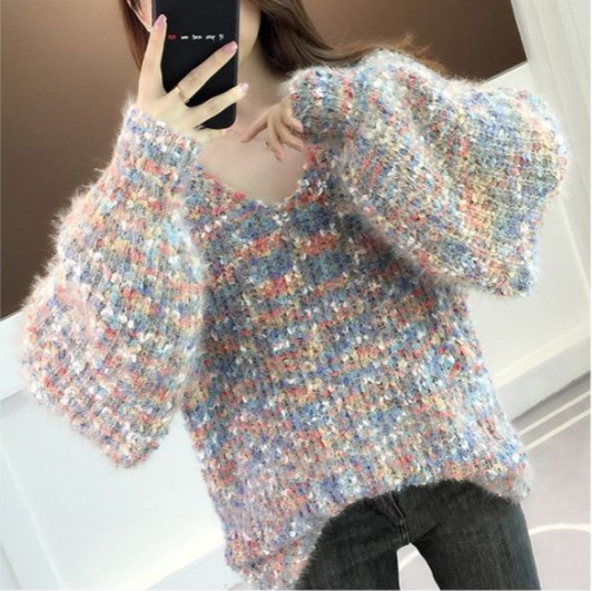ニット セーター オーバーサイズ ビッグニット 長袖 Vネック ミックスカラー ふわふわ もこもこ レディース かわいい 大人可愛い お洒落 おしゃれ 大人カジュアル 大人女子 コーデ モテ デート