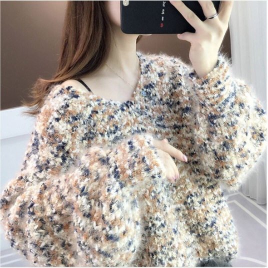 ニット セーター オーバーサイズ ビッグニット 長袖 Vネック ミックスカラー ふわふわ もこもこ レディース かわいい 大人可愛い お洒落 おしゃれ 大人カジュアル 大人女子 コーデ モテ デート