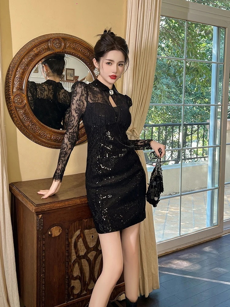 【JY.上品】 春冬 レース ショート ワンピース キラキラ パーティードレス キャバ 着痩せ 大人 お呼ばれ 同窓会 披露宴 卒業式 結婚式 ウェディング 二次会