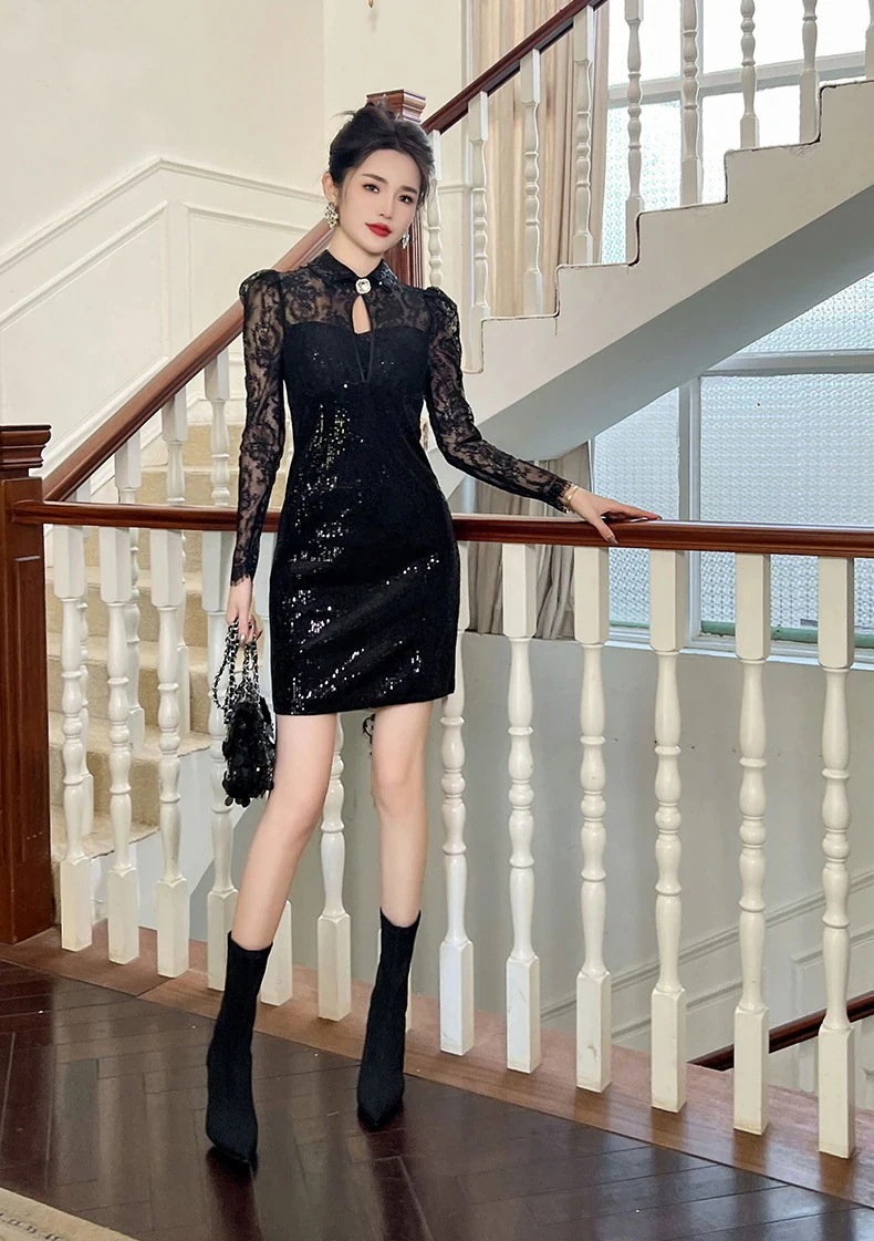 【JY.上品】 春冬 レース ショート ワンピース キラキラ パーティードレス キャバ 着痩せ 大人 お呼ばれ 同窓会 披露宴 卒業式 結婚式 ウェディング 二次会