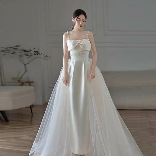 ウェディングドレス ロングドレス 花嫁ドレス 袖なし キャミワンピース キャミソール サテン 二次会 結婚式 花嫁 ブライダル 演奏会 披露宴 ロング 発表会 コンサート 大きいサイズ フォーマル 前